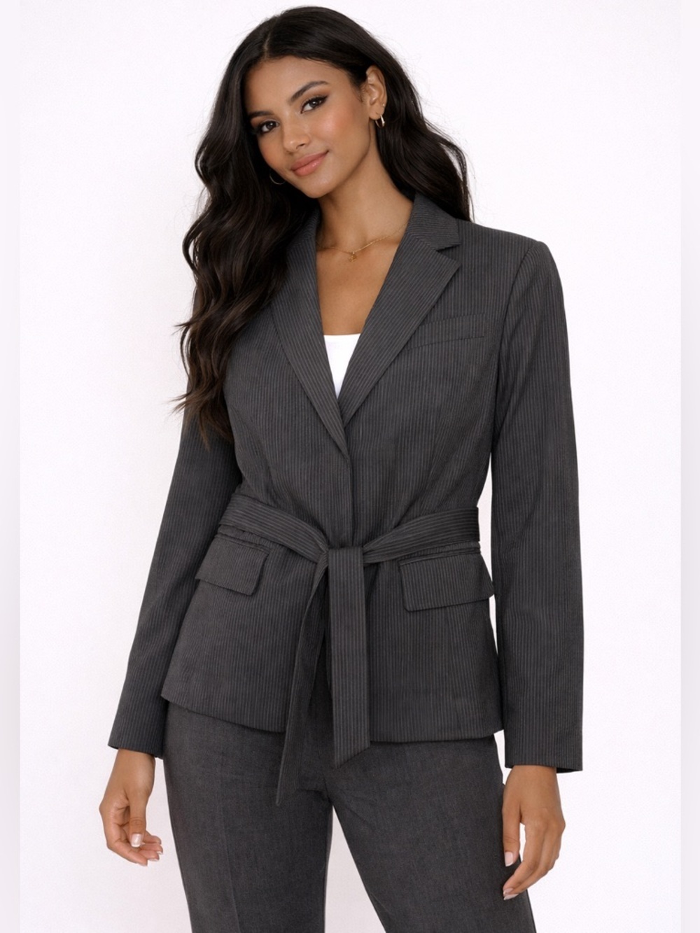 BCBGMaxAzria Charcoal Pinstripe Blazer with Belt‎